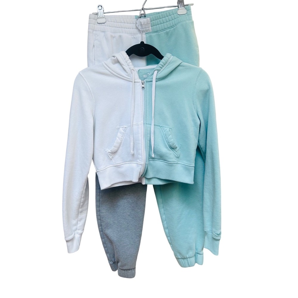 Hollister Y2K Women Mint Green White Colorblock Cropped Zip Hoodie &‎ Joggers